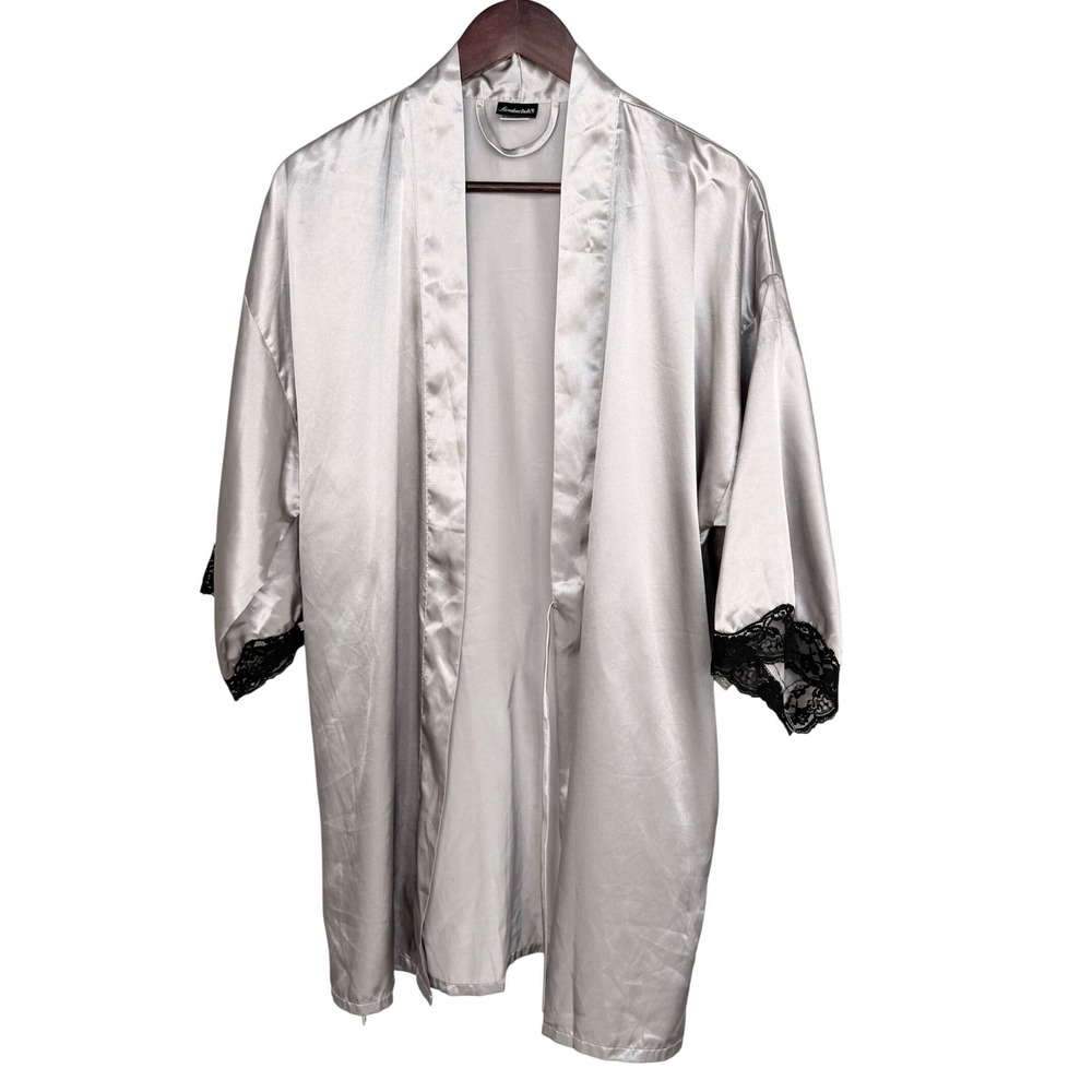 Vtg Frederick's of Hollywood Robe Women Med‎ Silver Satin Lace Trim No Belt